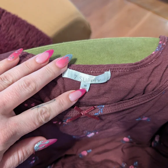 Floral Pajama Set in Burgundy - Picture 2 of 5